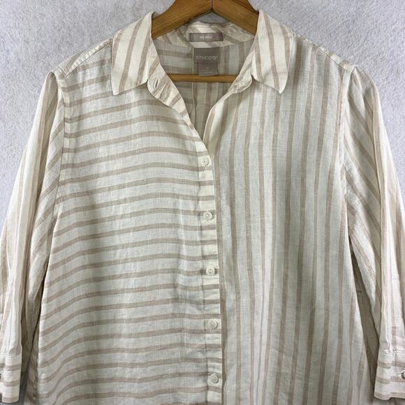 Chicos 100% Linen Womens Striped Button Top Sz 8/10P Coastal Travel Nautical - Picture 2 of 10